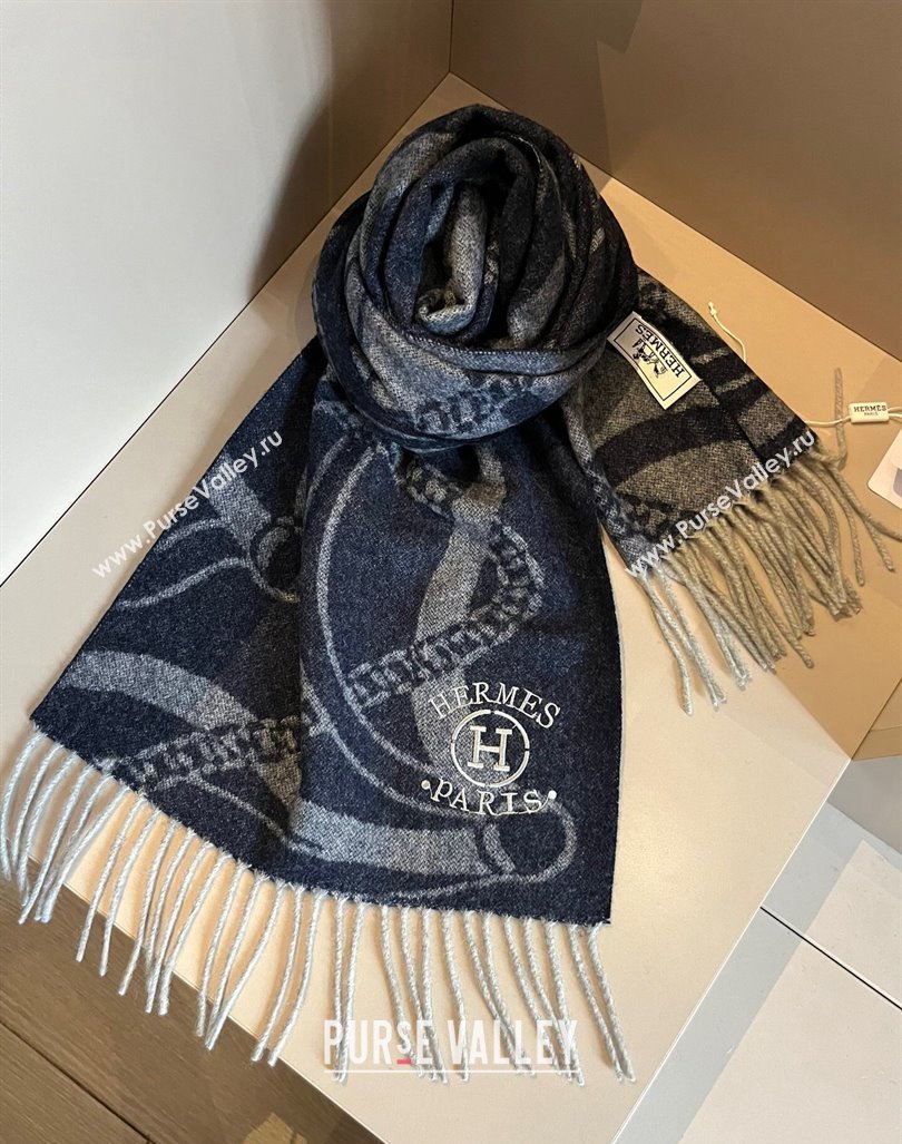 Hermes Printed Cashmere Long Scarf 30x180cm Navy Blue 2024 1021002 (XMN-241021004)