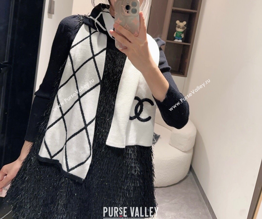 Chanel Chevron Cashmere Long Scarf 30x180cm White/Black 2024 CH102109 (XMN-241021028)