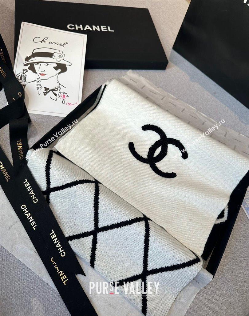 Chanel Chevron Cashmere Long Scarf 30x180cm White/Black 2024 CH102109 (XMN-241021028)