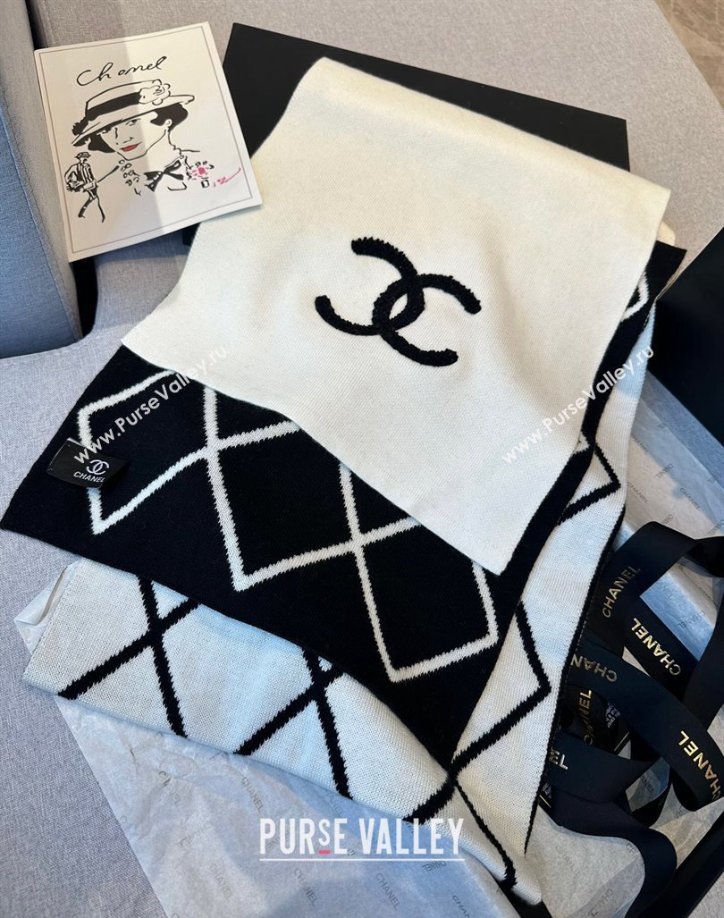 Chanel Chevron Cashmere Long Scarf 30x180cm White/Black 2024 CH102109 (XMN-241021028)