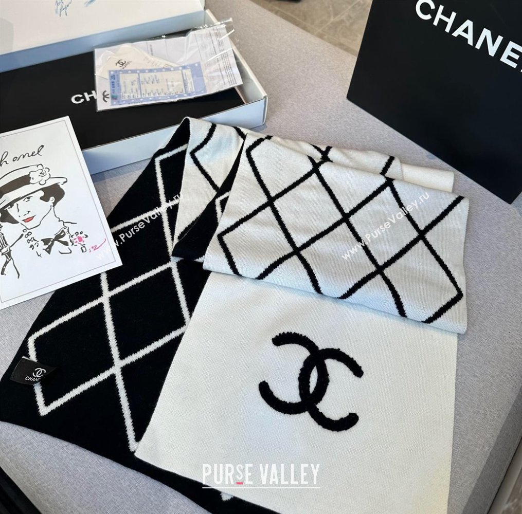 Chanel Chevron Cashmere Long Scarf 30x180cm White/Black 2024 CH102109 (XMN-241021028)