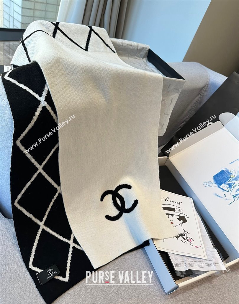 Chanel Chevron Cashmere Long Scarf 30x180cm White/Black 2024 CH102109 (XMN-241021028)