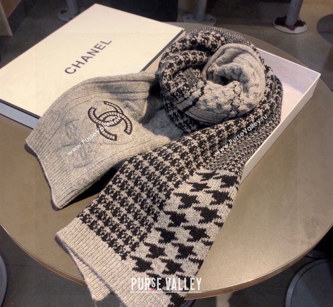 Chanel Houndtooth Cashmere Knit Long Scarf 35x195cm Grey 2024 CH102109 (XMN-241021030)