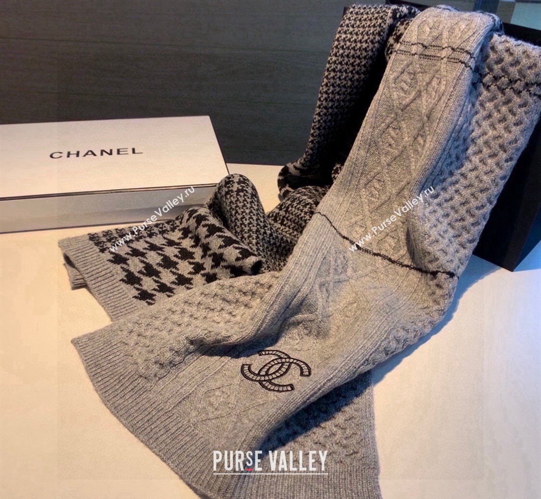 Chanel Houndtooth Cashmere Knit Long Scarf 35x195cm Grey 2024 CH102109 (XMN-241021030)