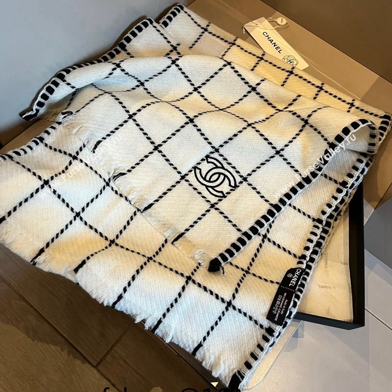 Chanel Check Cashmere Long Scarf 38x185cm White 2024 CH102106 (XMN-241021019)