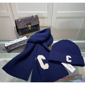 Celine Knit Long Scarf and Hat Set Navy Blue 2024 1021 (MAO-241021046)