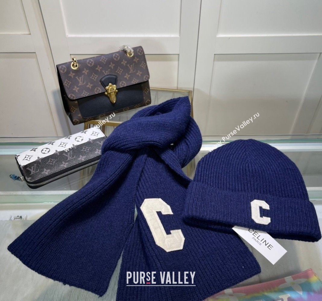 Celine Knit Long Scarf and Hat Set Navy Blue 2024 1021 (MAO-241021046)