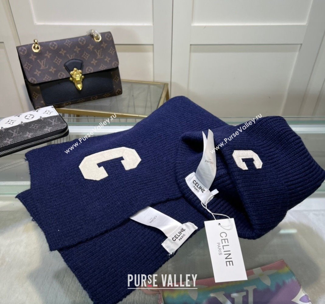 Celine Knit Long Scarf and Hat Set Navy Blue 2024 1021 (MAO-241021046)