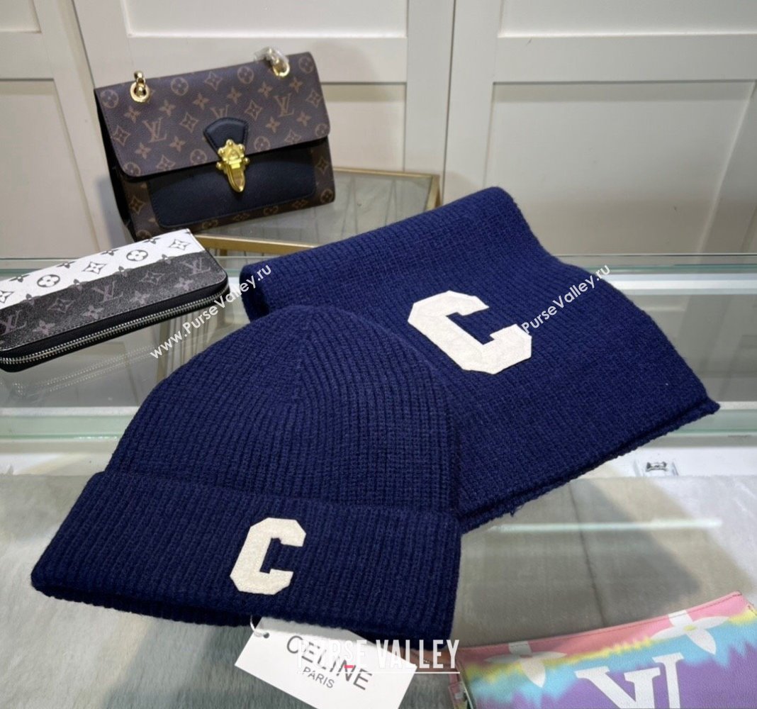 Celine Knit Long Scarf and Hat Set Navy Blue 2024 1021 (MAO-241021046)