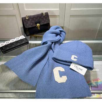 Celine Knit Long Scarf and Hat Set Light Blue 2024 1021 (MAO-241021047)