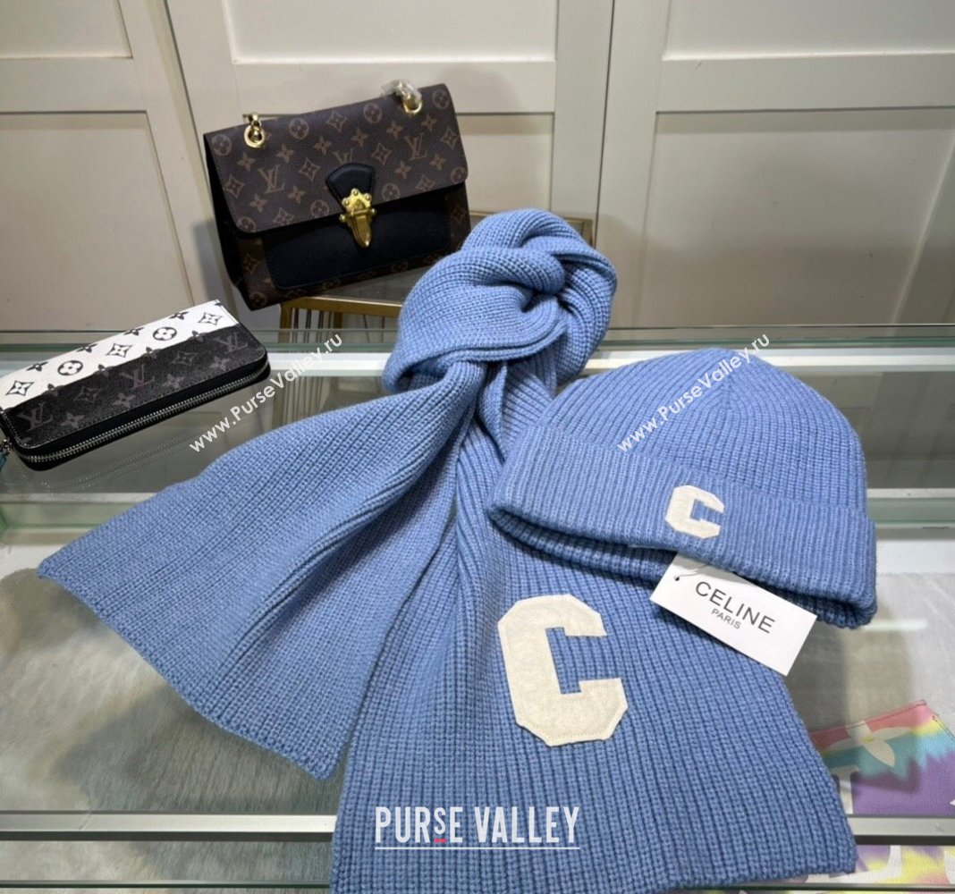 Celine Knit Long Scarf and Hat Set Light Blue 2024 1021 (MAO-241021047)