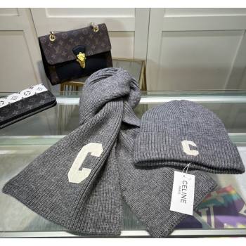 Celine Knit Long Scarf and Hat Set Grey 2024 1021 (MAO-241021048)