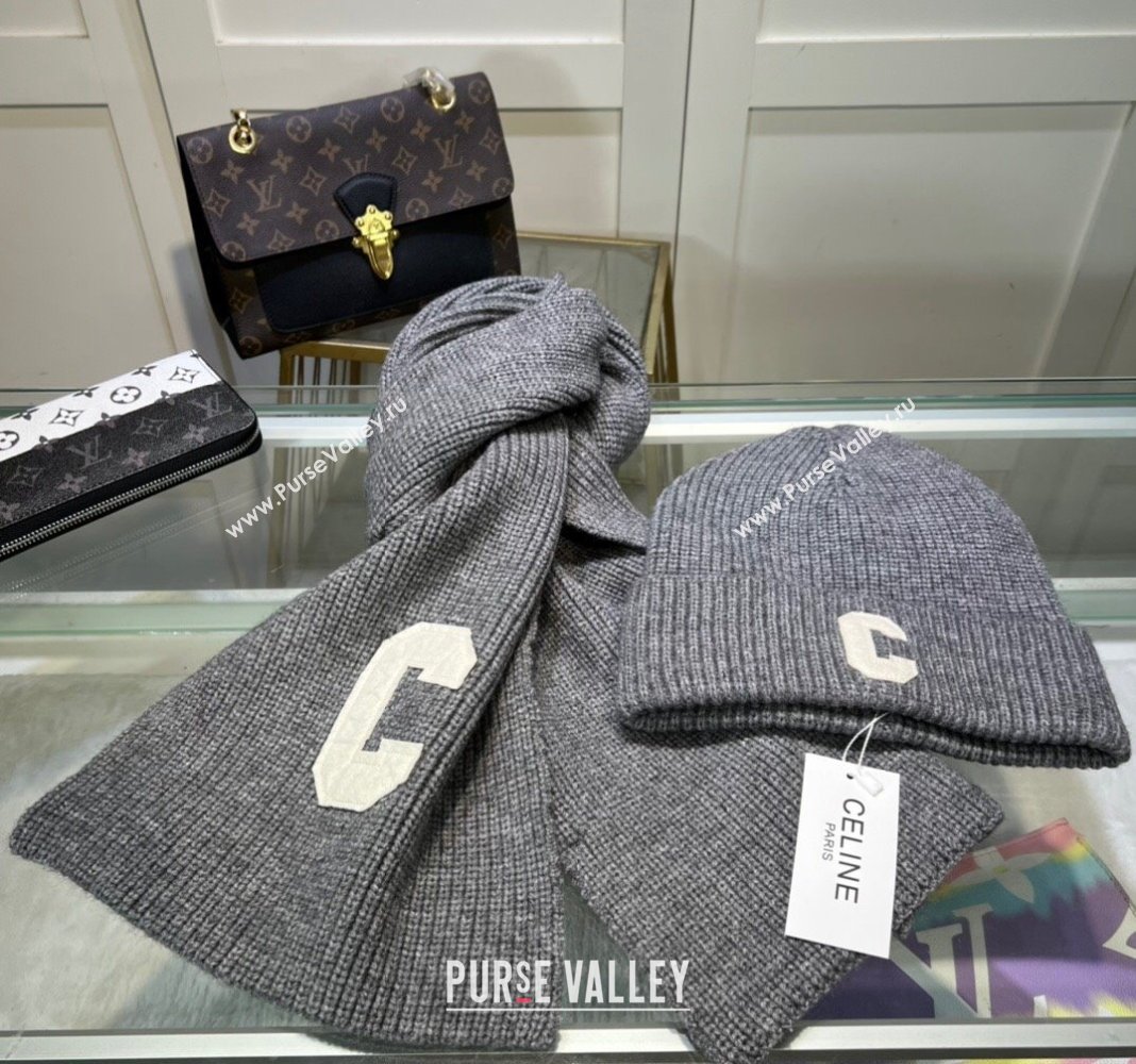 Celine Knit Long Scarf and Hat Set Grey 2024 1021 (MAO-241021048)