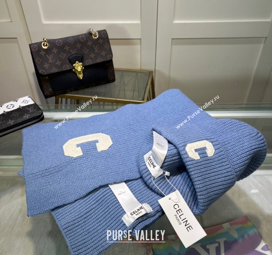 Celine Knit Long Scarf and Hat Set Light Blue 2024 1021 (MAO-241021047)