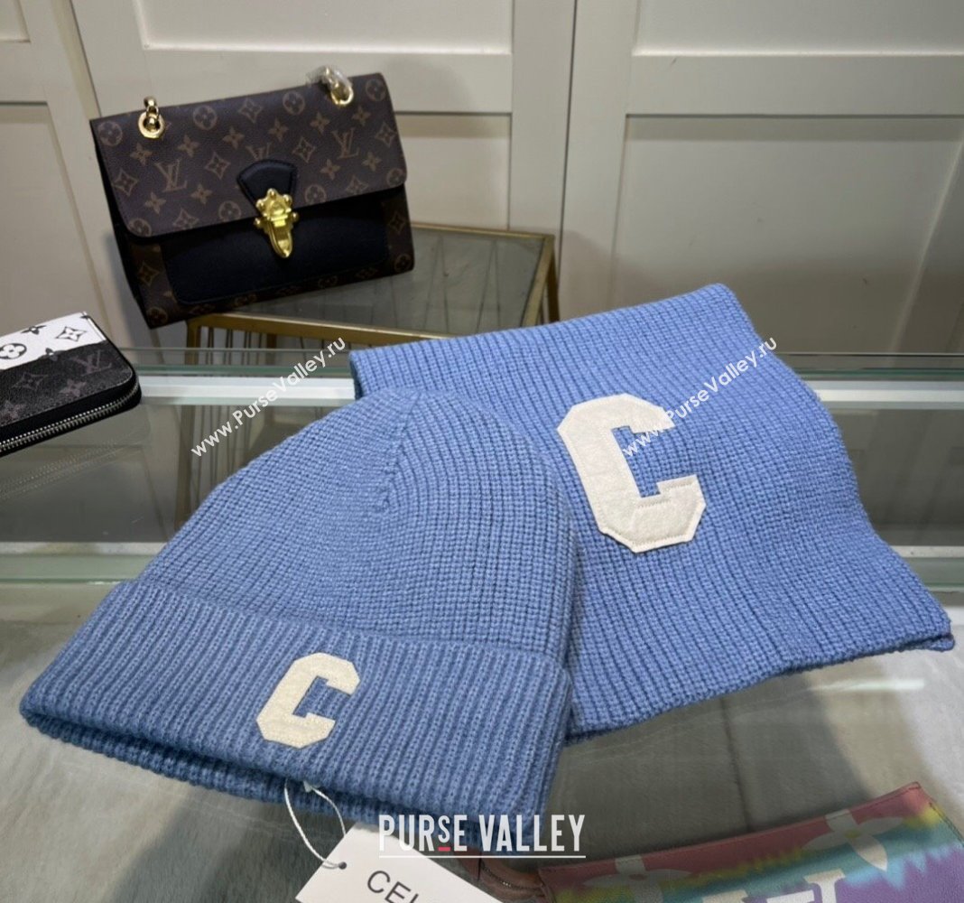 Celine Knit Long Scarf and Hat Set Light Blue 2024 1021 (MAO-241021047)