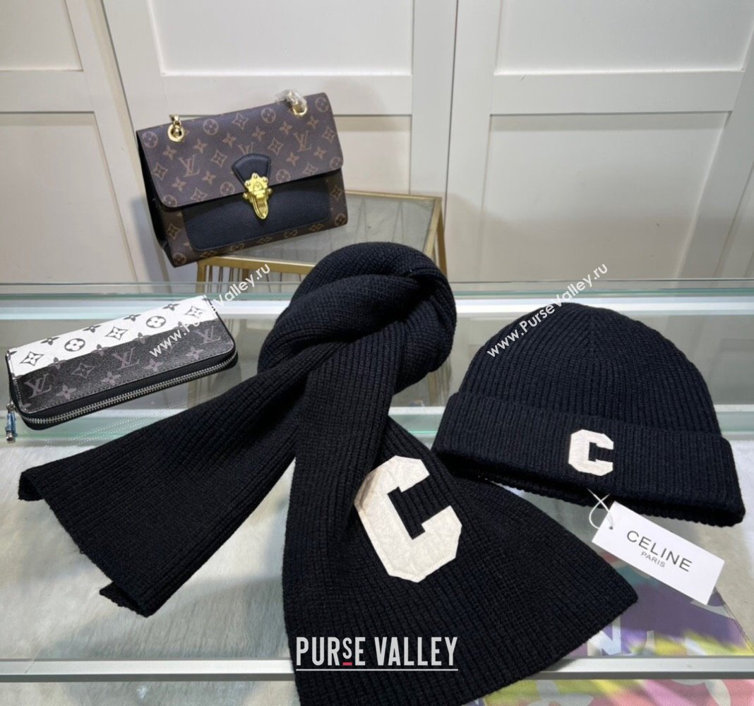 Celine Knit Long Scarf and Hat Set Black 2024 1021 (MAO-241021049)