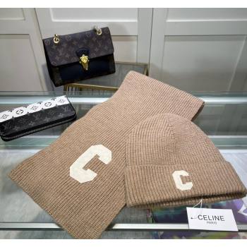 Celine Knit Long Scarf and Hat Set Beige 2024 1021 (MAO-241021050)