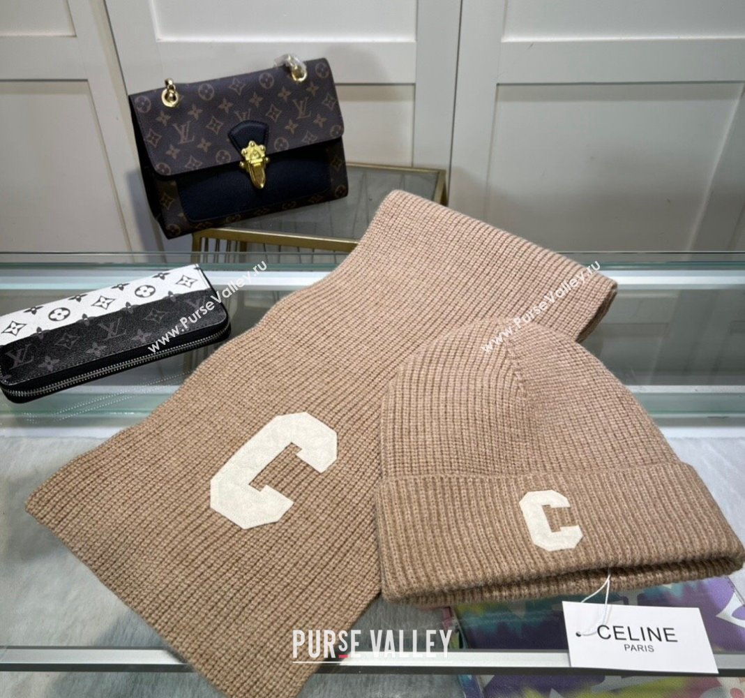 Celine Knit Long Scarf and Hat Set Beige 2024 1021 (MAO-241021050)