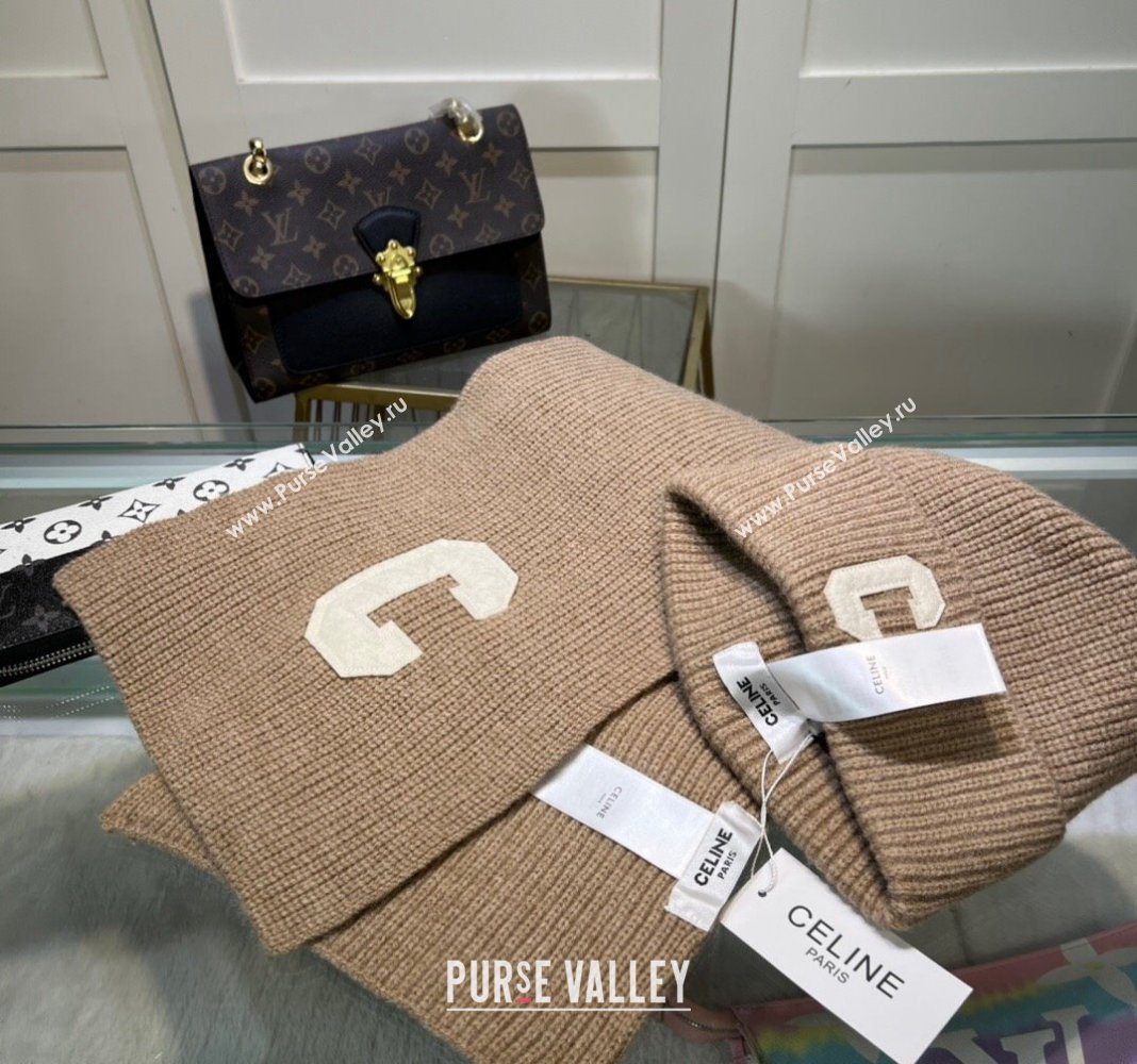 Celine Knit Long Scarf and Hat Set Beige 2024 1021 (MAO-241021050)