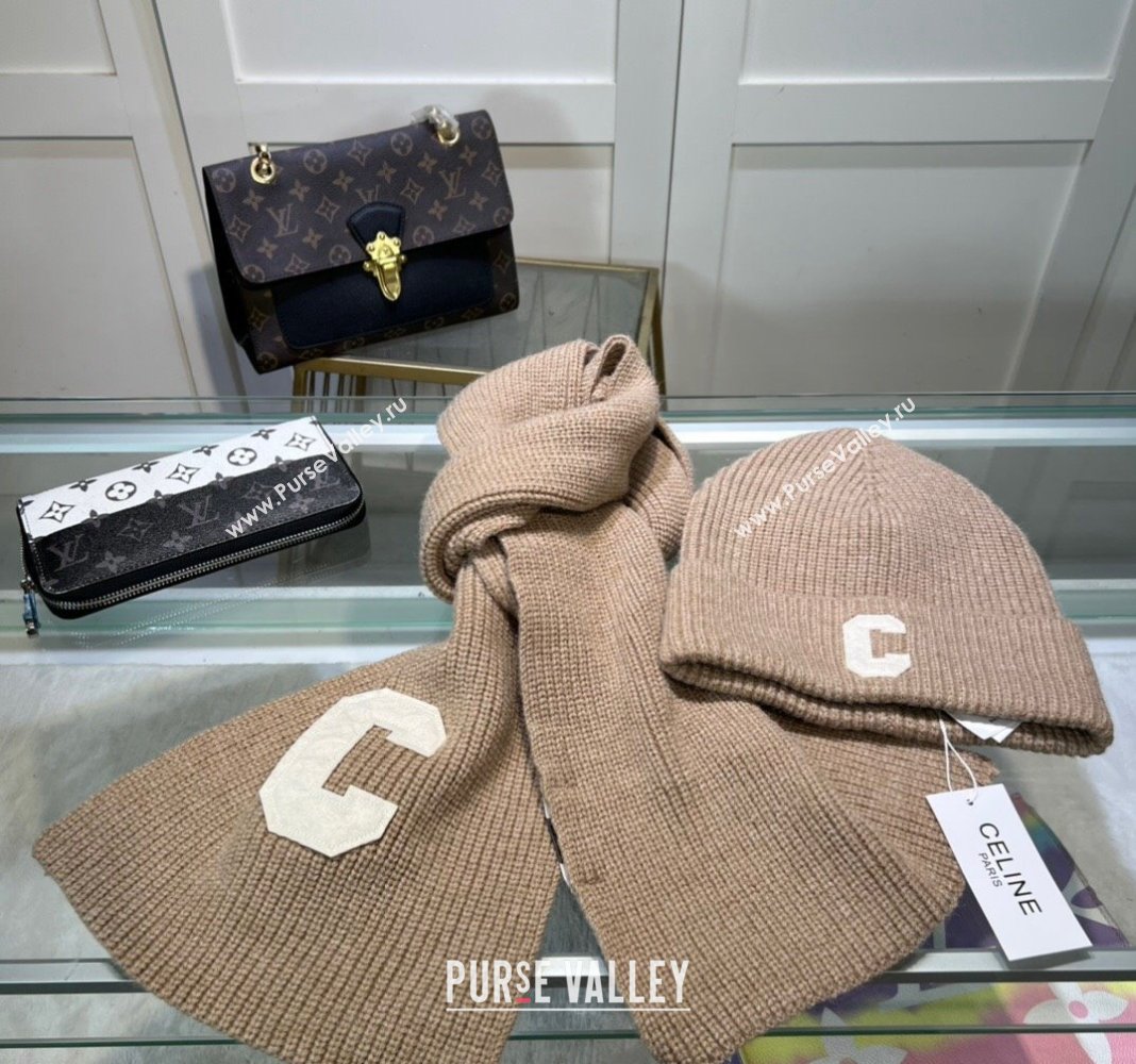 Celine Knit Long Scarf and Hat Set Beige 2024 1021 (MAO-241021050)