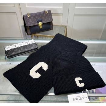 Celine Knit Long Scarf and Hat Set Black 2024 1021 (MAO-241021049)