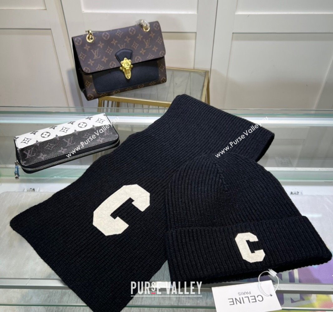 Celine Knit Long Scarf and Hat Set Black 2024 1021 (MAO-241021049)