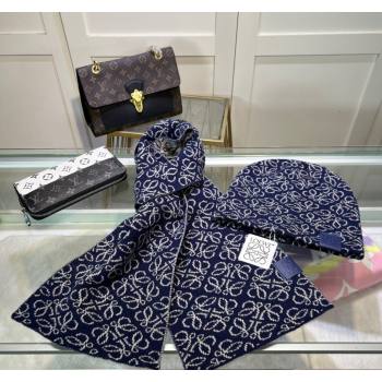 Loewe Anagram Knit Long Scarf and Hat Set Navy Blue 2024 1021 (MAO-241021051)