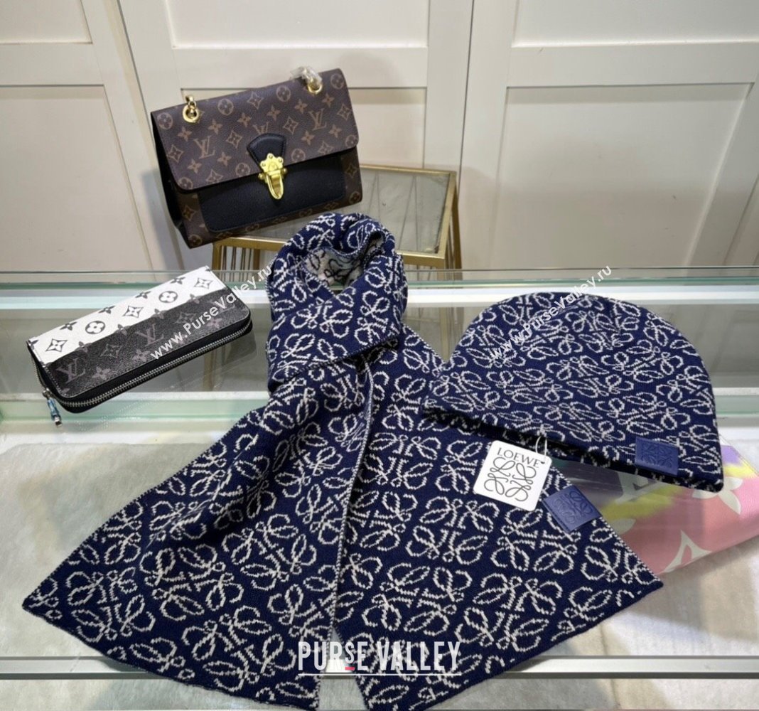 Loewe Anagram Knit Long Scarf and Hat Set Navy Blue 2024 1021 (MAO-241021051)