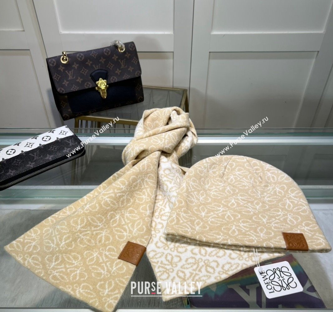 Loewe Anagram Knit Long Scarf and Hat Set Beige 2024 1021 (MAO-241021055)