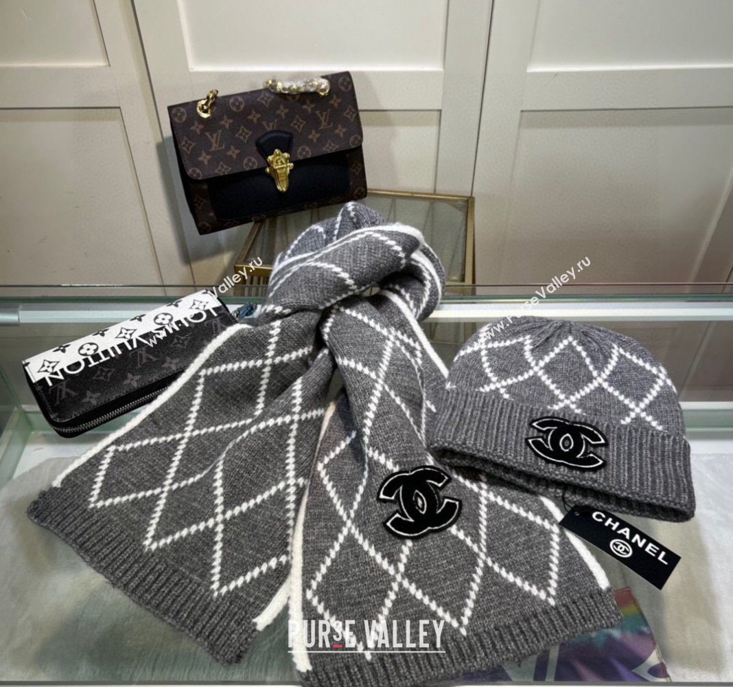 Chanel Chevron Long Scarf and Hat Set Grey 2024 CH102111 (A-241021034)