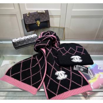 Chanel Chevron Long Scarf and Hat Set Pink/Black 2024 CH102111 (A-241021035)