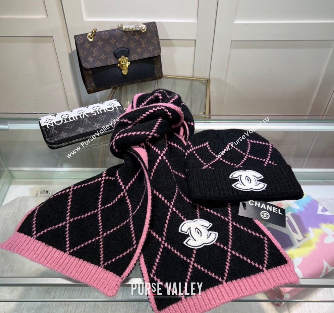 Chanel Chevron Long Scarf and Hat Set Pink/Black 2024 CH102111 (A-241021035)