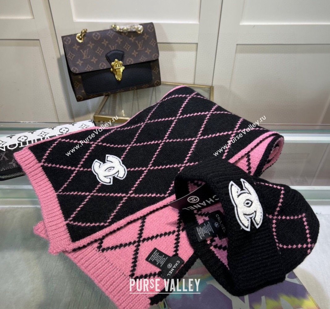 Chanel Chevron Long Scarf and Hat Set Pink/Black 2024 CH102111 (A-241021035)