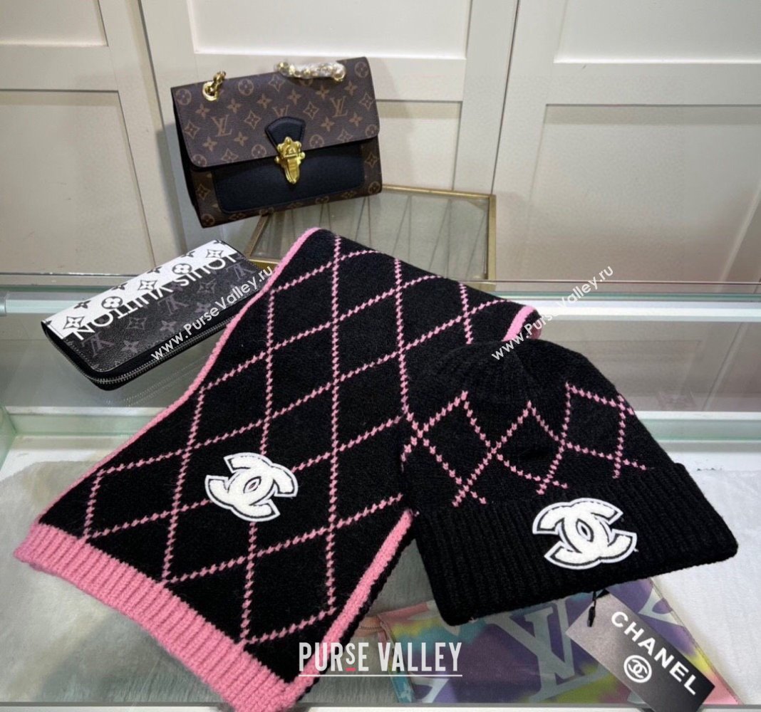 Chanel Chevron Long Scarf and Hat Set Pink/Black 2024 CH102111 (A-241021035)