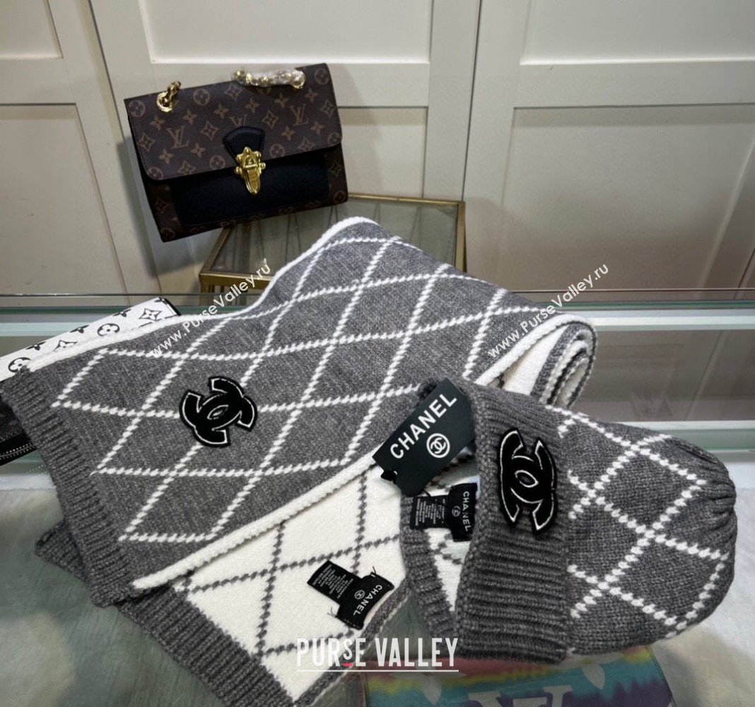 Chanel Chevron Long Scarf and Hat Set Grey 2024 CH102111 (A-241021034)