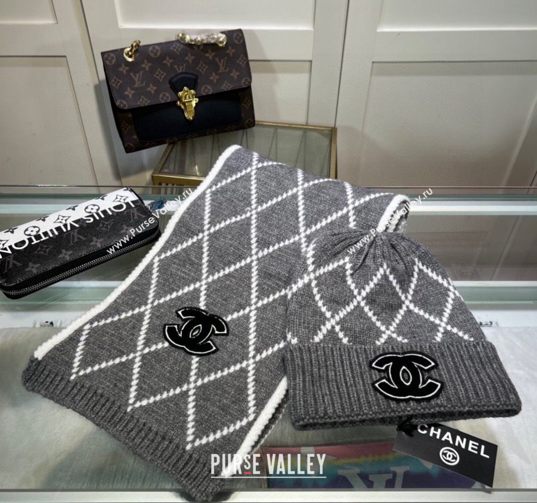 Chanel Chevron Long Scarf and Hat Set Grey 2024 CH102111 (A-241021034)