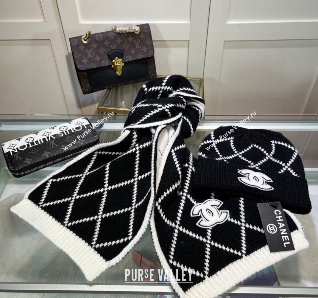 Chanel Chevron Long Scarf and Hat Set Black/White 2024 CH102111 (A-241021036)