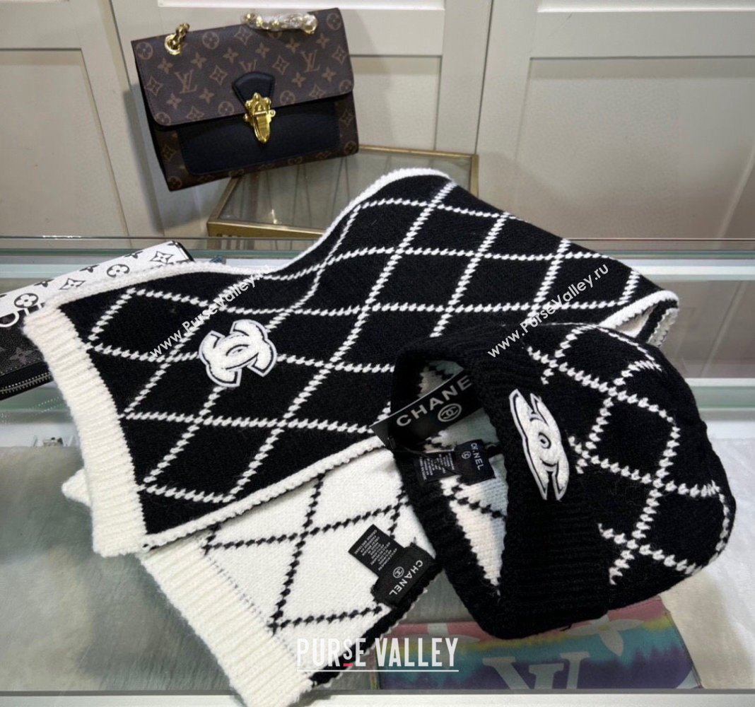 Chanel Chevron Long Scarf and Hat Set Black/White 2024 CH102111 (A-241021036)