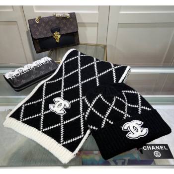 Chanel Chevron Long Scarf and Hat Set Black/White 2024 CH102111 (A-241021036)