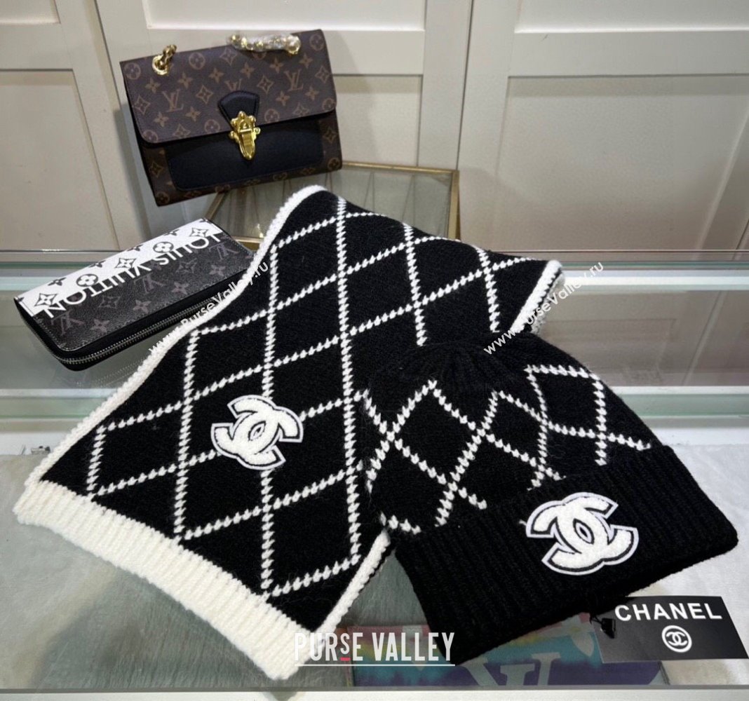 Chanel Chevron Long Scarf and Hat Set Black/White 2024 CH102111 (A-241021036)