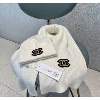 Chanel Cashmere Knit Long Scarf and Hat Set White 2024 CH102112 (A-241021038)