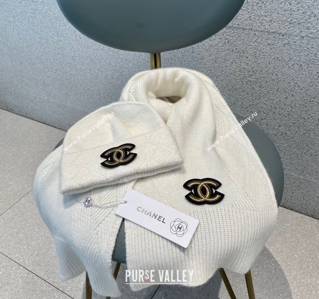 Chanel Cashmere Knit Long Scarf and Hat Set White 2024 CH102112 (A-241021038)