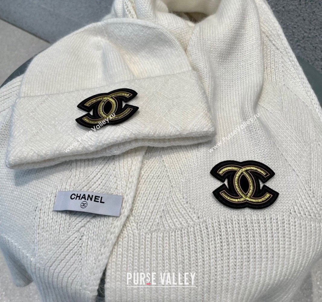 Chanel Cashmere Knit Long Scarf and Hat Set White 2024 CH102112 (A-241021038)