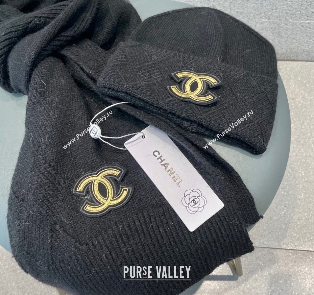 Chanel Cashmere Knit Long Scarf and Hat Set Black 2024 CH102112 (A-241021039)