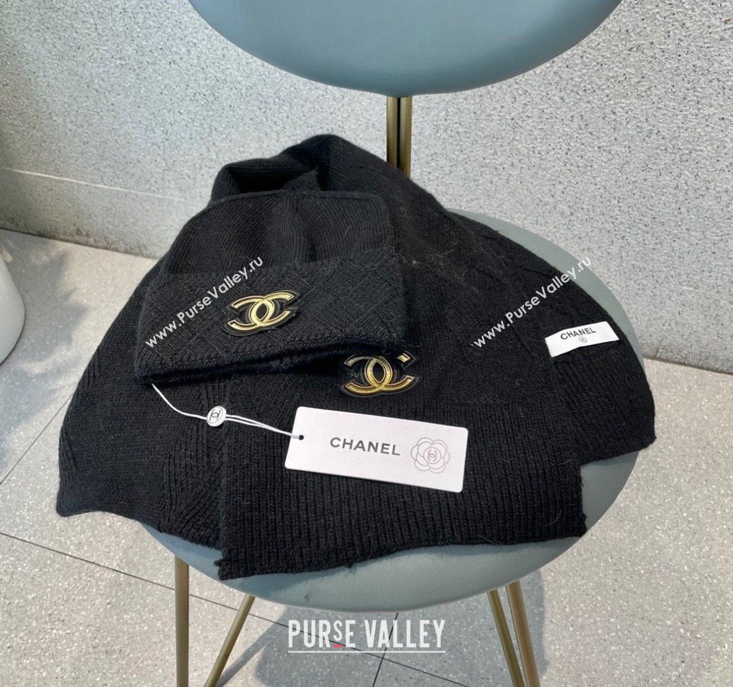 Chanel Cashmere Knit Long Scarf and Hat Set Black 2024 CH102112 (A-241021039)