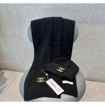 Chanel Cashmere Knit Long Scarf and Hat Set Black 2024 CH102112 (A-241021039)