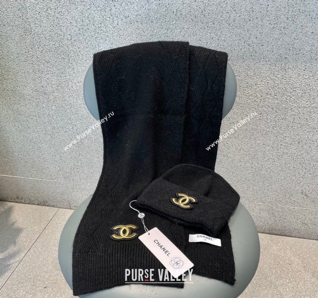 Chanel Cashmere Knit Long Scarf and Hat Set Black 2024 CH102112 (A-241021039)