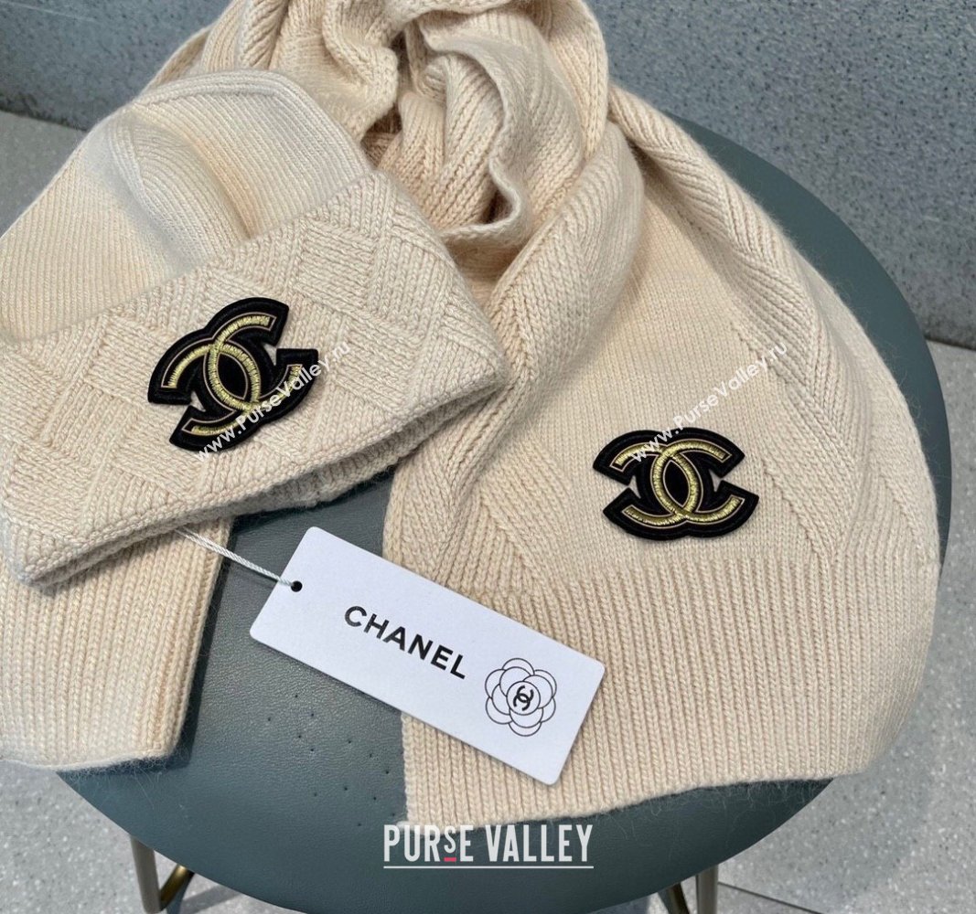 Chanel Cashmere Knit Long Scarf and Hat Set Beige 2024 CH102112 (A-241021040)