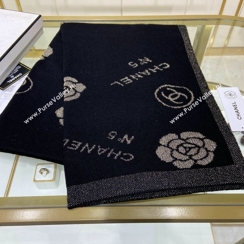 Chanel Camellia Bloom Cashmere Long Scarf 62x195 Black/Gold 2024 CH102115 (A-241021063)