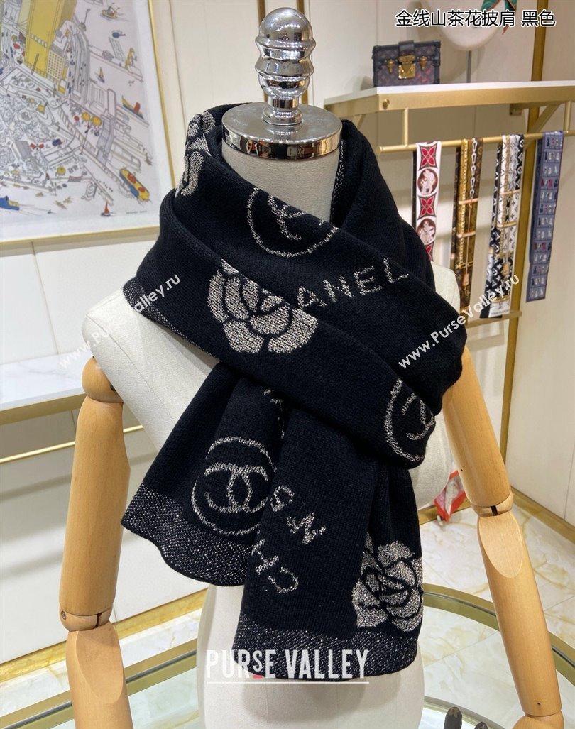 Chanel Camellia Bloom Cashmere Long Scarf 62x195 Black/Gold 2024 CH102115 (A-241021063)